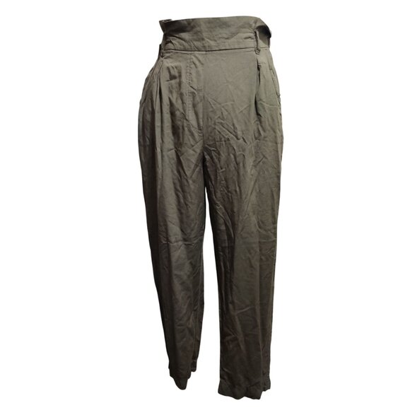 H&M Olive High Waist Paperbag Pants Relaxed Tapered Pleated Street Style Work - Picture 1 of 8